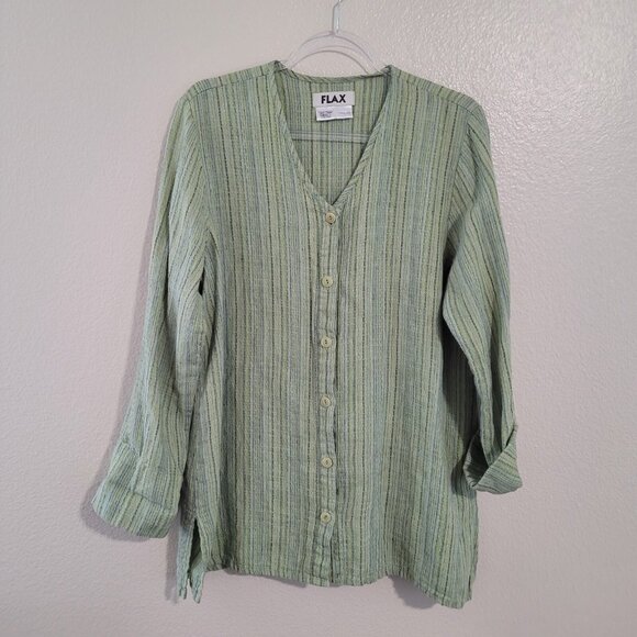 Flax Shirt Womens S Green Striped V-Neck Button Front Lagenlook Shacket Beach - Picture 1 of 11